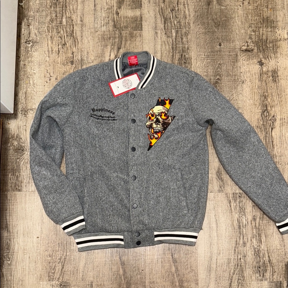 Ring of Fire Gray Bomber Sweater with Varsity Style